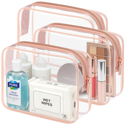 TSA Approved Toiletry Bag - Clear Makeup Bag for Travel, Rose Pink | 3 Pack Quart-Size, Metal Smooth Zipper, Clear Easy-Check, for 3-1-1 Liquids, Toiletry Bag for Airport Lines, Women, Men