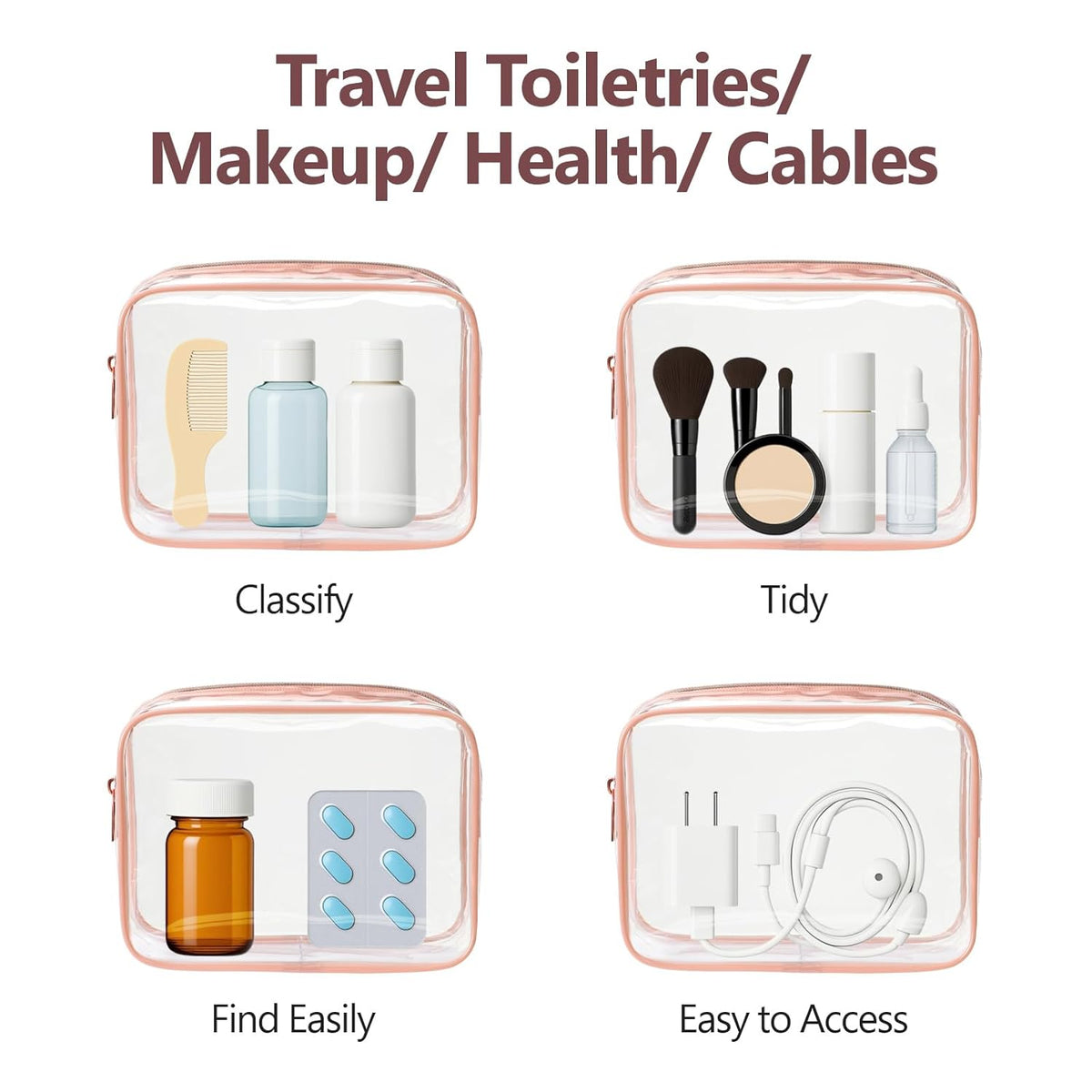 TSA Approved Toiletry Bag - Clear Makeup Bag for Travel, Rose Pink | 3 Pack Quart-Size, Metal Smooth Zipper, Clear Easy-Check, for 3-1-1 Liquids, Toiletry Bag for Airport Lines, Women, Men