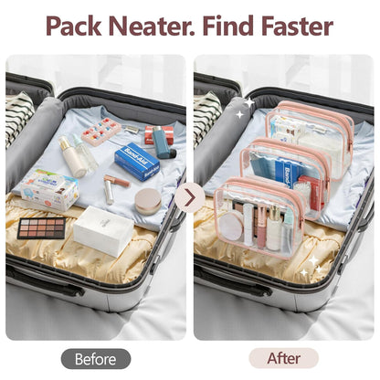 TSA Approved Toiletry Bag - Clear Makeup Bag for Travel, Rose Pink | 3 Pack Quart-Size, Metal Smooth Zipper, Clear Easy-Check, for 3-1-1 Liquids, Toiletry Bag for Airport Lines, Women, Men