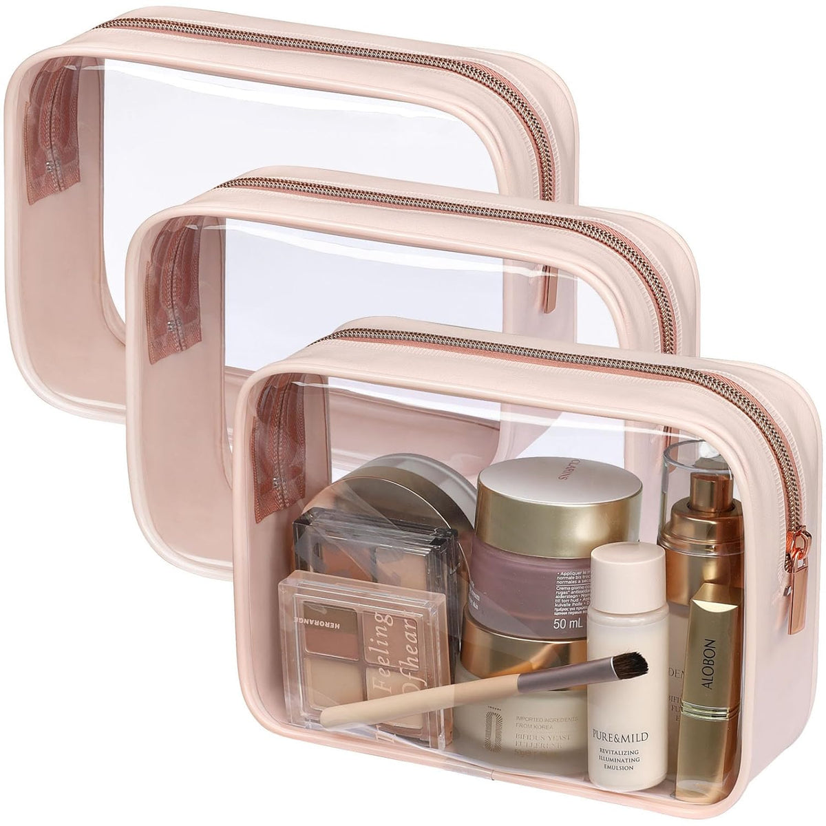 TSA Approved Toiletry Bag - Clear Makeup Bag for Travel, Rose Pink | 3 Pack Quart-Size, Metal Smooth Zipper, Clear Easy-Check, for 3-1-1 Liquids, Toiletry Bag for Airport Lines, Women, Men