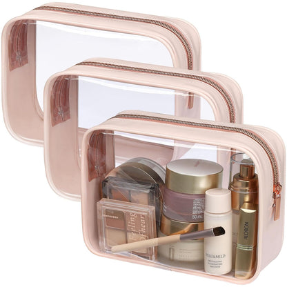 TSA Approved Toiletry Bag - Clear Makeup Bag for Travel, Rose Pink | 3 Pack Quart-Size, Metal Smooth Zipper, Clear Easy-Check, for 3-1-1 Liquids, Toiletry Bag for Airport Lines, Women, Men