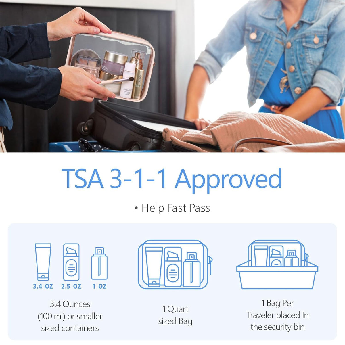 TSA Approved Toiletry Bag - Clear Makeup Bag for Travel, Rose Pink | 3 Pack Quart-Size, Metal Smooth Zipper, Clear Easy-Check, for 3-1-1 Liquids, Toiletry Bag for Airport Lines, Women, Men
