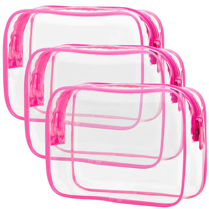 TSA Approved Toiletry Bag - Clear Makeup Bag for Travel, Rose Pink | 3 Pack Quart-Size, Metal Smooth Zipper, Clear Easy-Check, for 3-1-1 Liquids, Toiletry Bag for Airport Lines, Women, Men