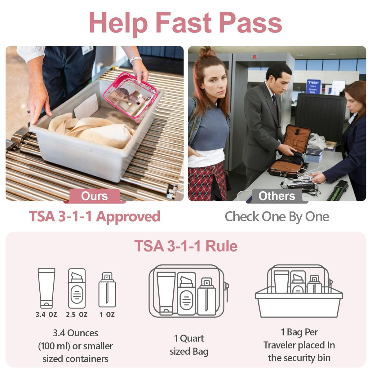 TSA Approved Toiletry Bag - Clear Makeup Bag for Travel, Rose Pink | 3 Pack Quart-Size, Metal Smooth Zipper, Clear Easy-Check, for 3-1-1 Liquids, Toiletry Bag for Airport Lines, Women, Men