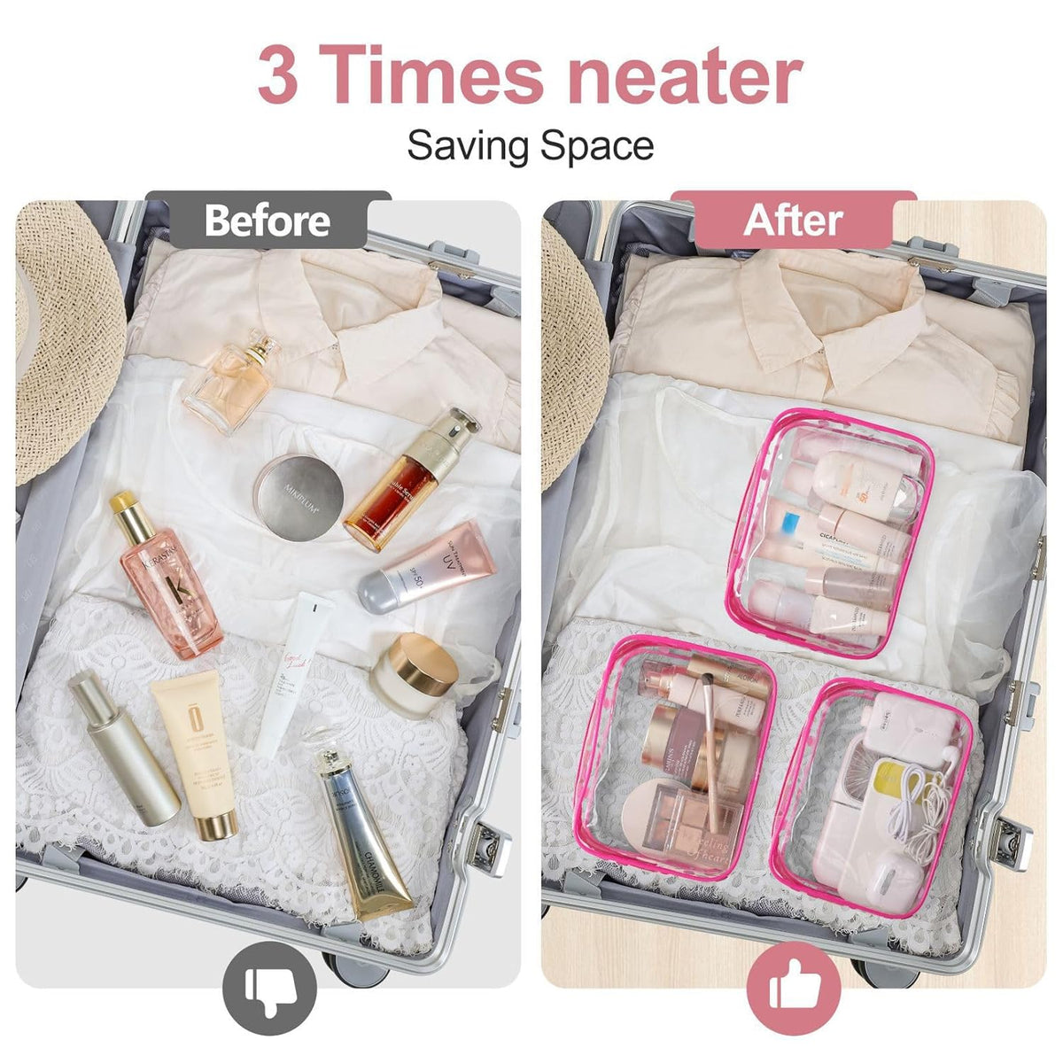 TSA Approved Toiletry Bag - Clear Makeup Bag for Travel, Rose Pink | 3 Pack Quart-Size, Metal Smooth Zipper, Clear Easy-Check, for 3-1-1 Liquids, Toiletry Bag for Airport Lines, Women, Men