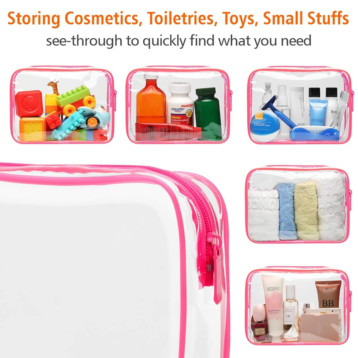 TSA Approved Toiletry Bag - Clear Makeup Bag for Travel, Rose Pink | 3 Pack Quart-Size, Metal Smooth Zipper, Clear Easy-Check, for 3-1-1 Liquids, Toiletry Bag for Airport Lines, Women, Men