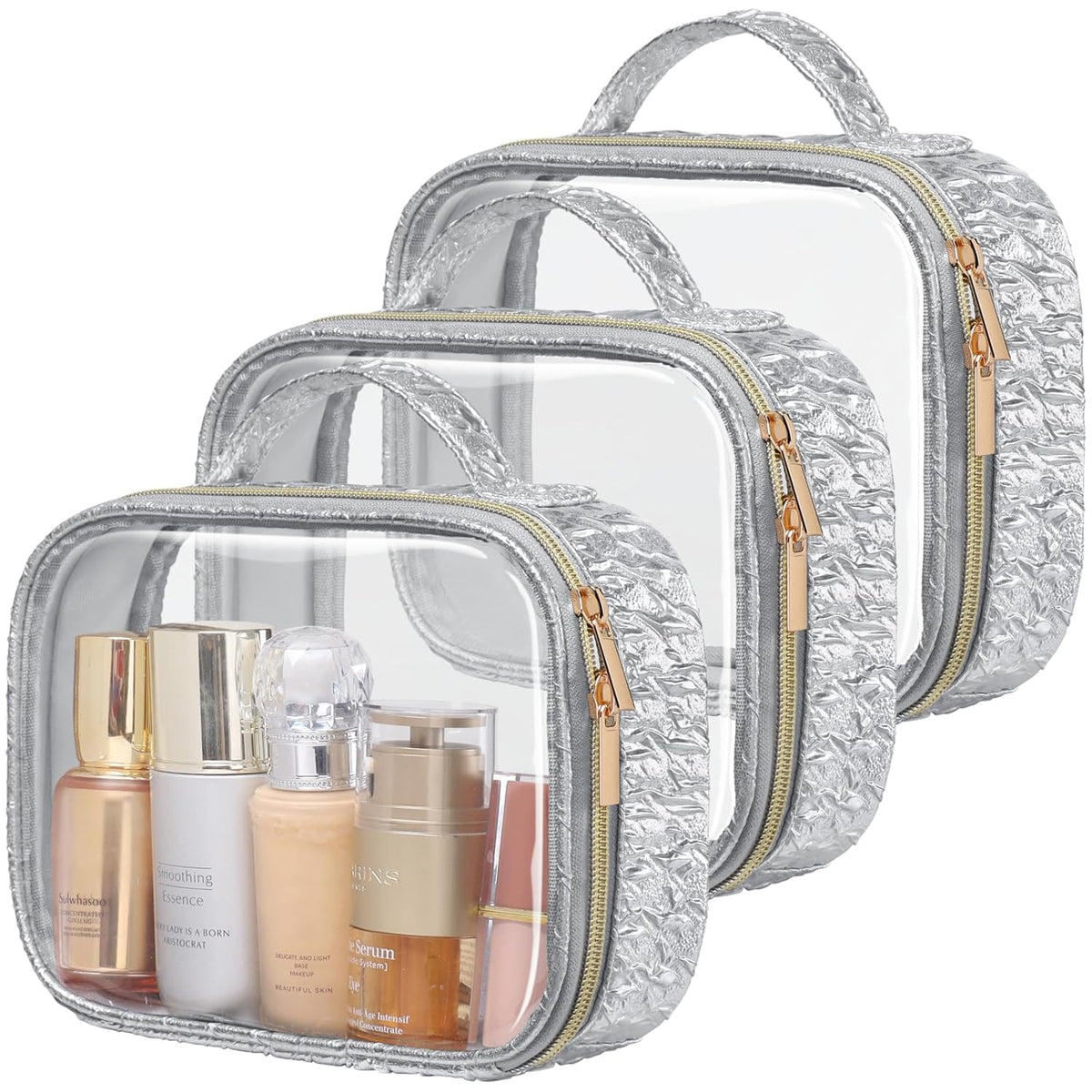 TSA Approved Toiletry Bag - Clear Makeup Bag for Travel, Rose Pink | 3 Pack Quart-Size, Metal Smooth Zipper, Clear Easy-Check, for 3-1-1 Liquids, Toiletry Bag for Airport Lines, Women, Men