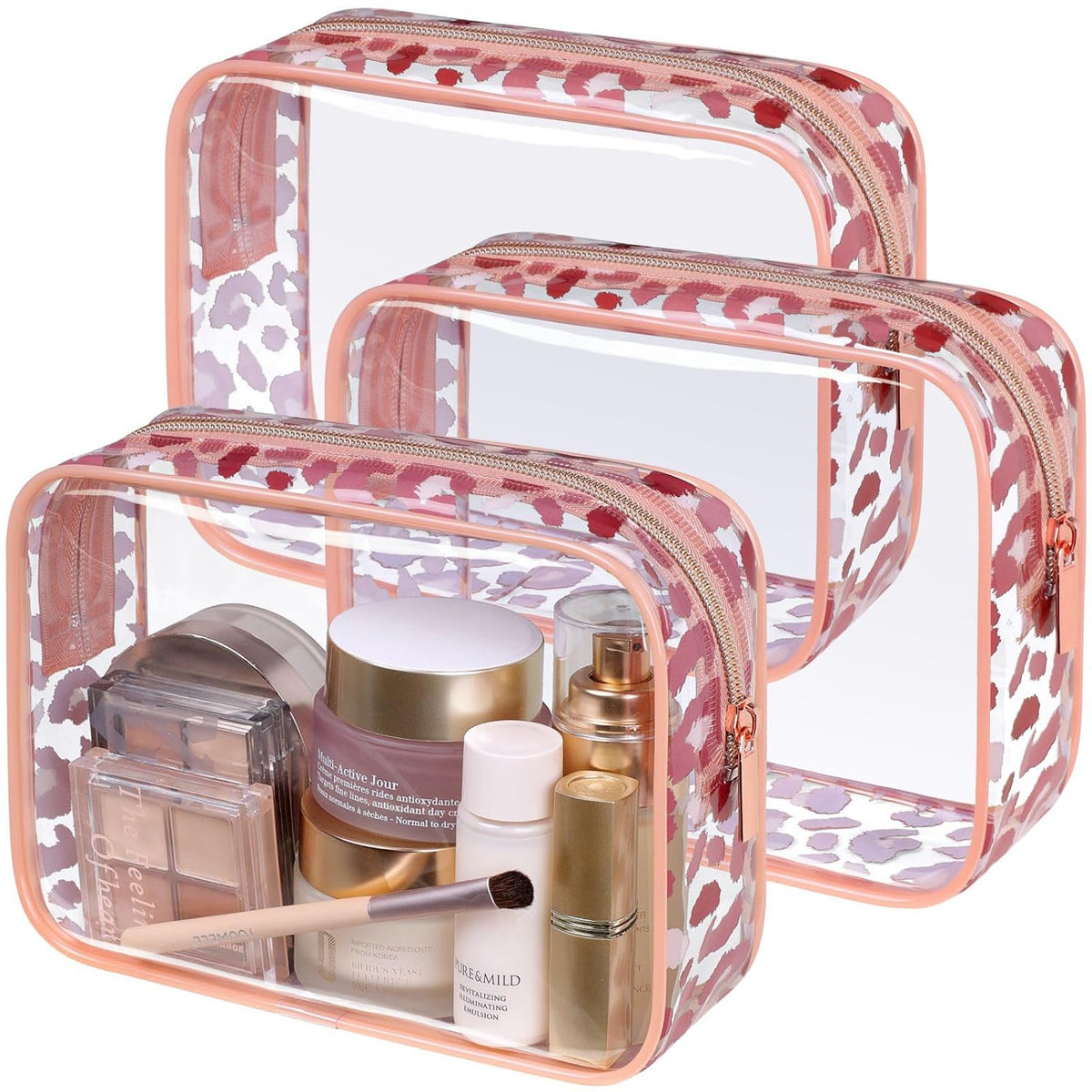 TSA Approved Toiletry Bag - Clear Makeup Bag for Travel, Rose Pink | 3 Pack Quart-Size, Metal Smooth Zipper, Clear Easy-Check, for 3-1-1 Liquids, Toiletry Bag for Airport Lines, Women, Men