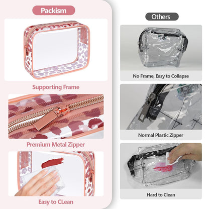 TSA Approved Toiletry Bag - Clear Makeup Bag for Travel, Rose Pink | 3 Pack Quart-Size, Metal Smooth Zipper, Clear Easy-Check, for 3-1-1 Liquids, Toiletry Bag for Airport Lines, Women, Men