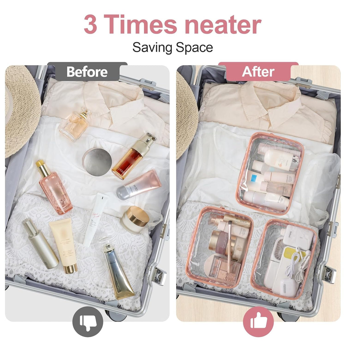 TSA Approved Toiletry Bag - Clear Makeup Bag for Travel, Rose Pink | 3 Pack Quart-Size, Metal Smooth Zipper, Clear Easy-Check, for 3-1-1 Liquids, Toiletry Bag for Airport Lines, Women, Men