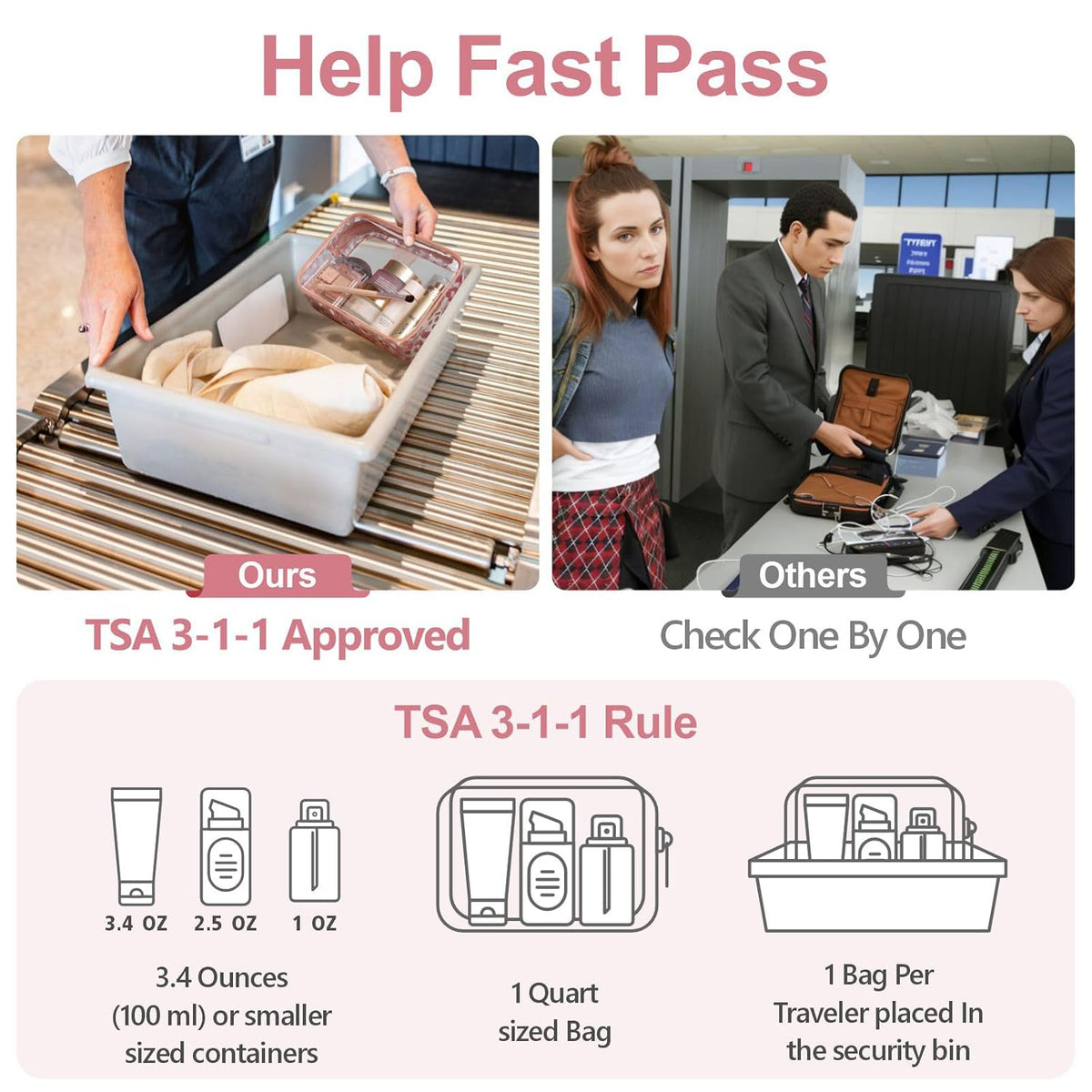 TSA Approved Toiletry Bag - Clear Makeup Bag for Travel, Rose Pink | 3 Pack Quart-Size, Metal Smooth Zipper, Clear Easy-Check, for 3-1-1 Liquids, Toiletry Bag for Airport Lines, Women, Men