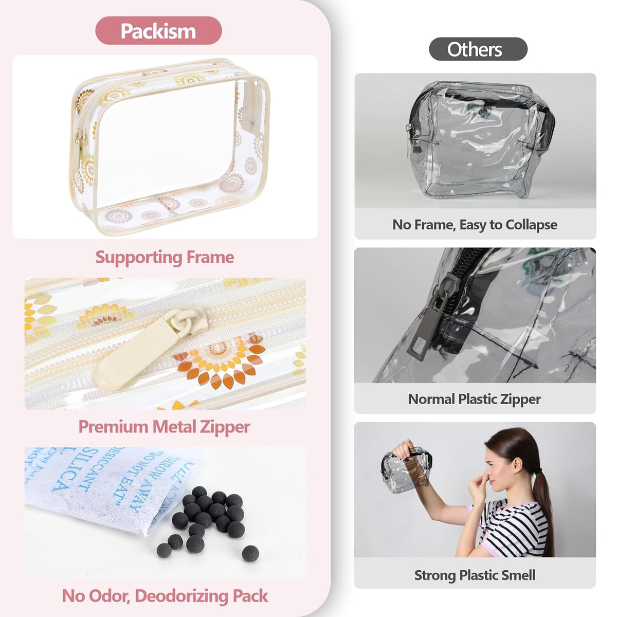 TSA Approved Toiletry Bag - Clear Makeup Bag for Travel, Rose Pink | 3 Pack Quart-Size, Metal Smooth Zipper, Clear Easy-Check, for 3-1-1 Liquids, Toiletry Bag for Airport Lines, Women, Men