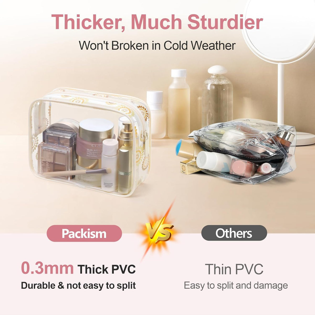 TSA Approved Toiletry Bag - Clear Makeup Bag for Travel, Rose Pink | 3 Pack Quart-Size, Metal Smooth Zipper, Clear Easy-Check, for 3-1-1 Liquids, Toiletry Bag for Airport Lines, Women, Men
