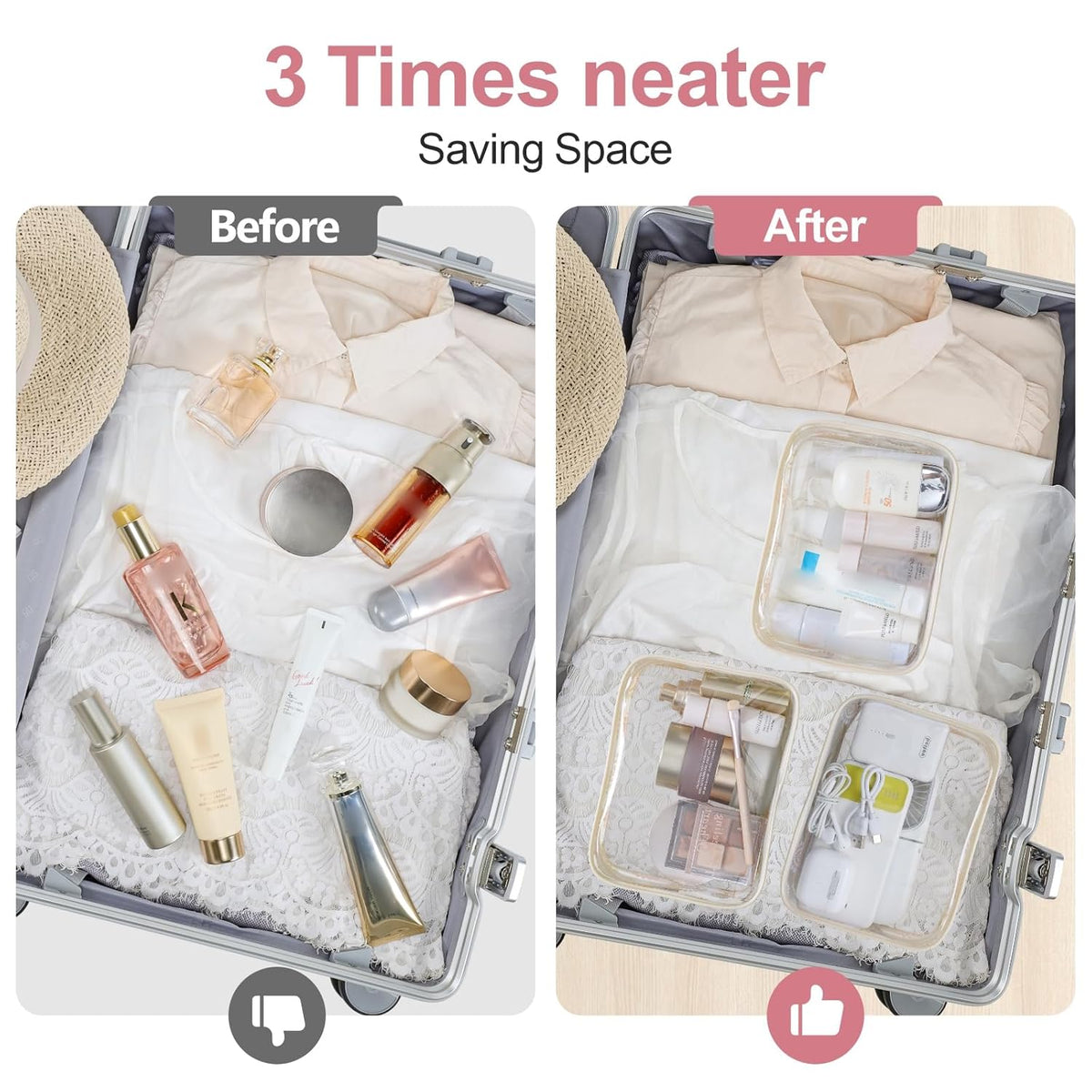 TSA Approved Toiletry Bag - Clear Makeup Bag for Travel, Rose Pink | 3 Pack Quart-Size, Metal Smooth Zipper, Clear Easy-Check, for 3-1-1 Liquids, Toiletry Bag for Airport Lines, Women, Men
