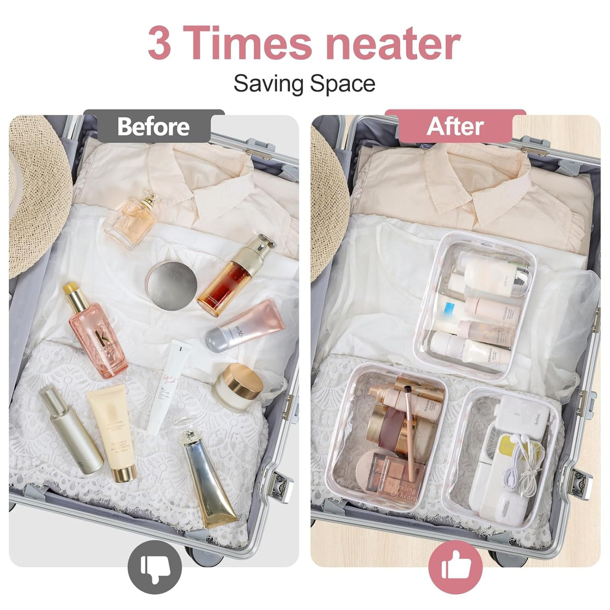 TSA Approved Toiletry Bag - Clear Makeup Bag for Travel, Rose Pink | 3 Pack Quart-Size, Metal Smooth Zipper, Clear Easy-Check, for 3-1-1 Liquids, Toiletry Bag for Airport Lines, Women, Men