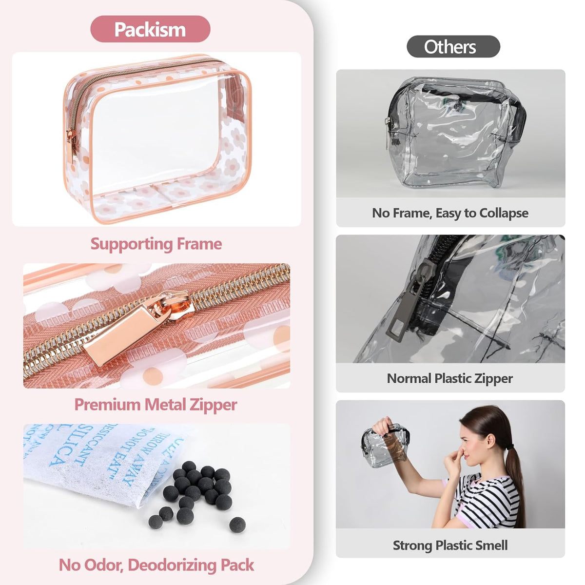 TSA Approved Toiletry Bag - Clear Makeup Bag for Travel, Rose Pink | 3 Pack Quart-Size, Metal Smooth Zipper, Clear Easy-Check, for 3-1-1 Liquids, Toiletry Bag for Airport Lines, Women, Men