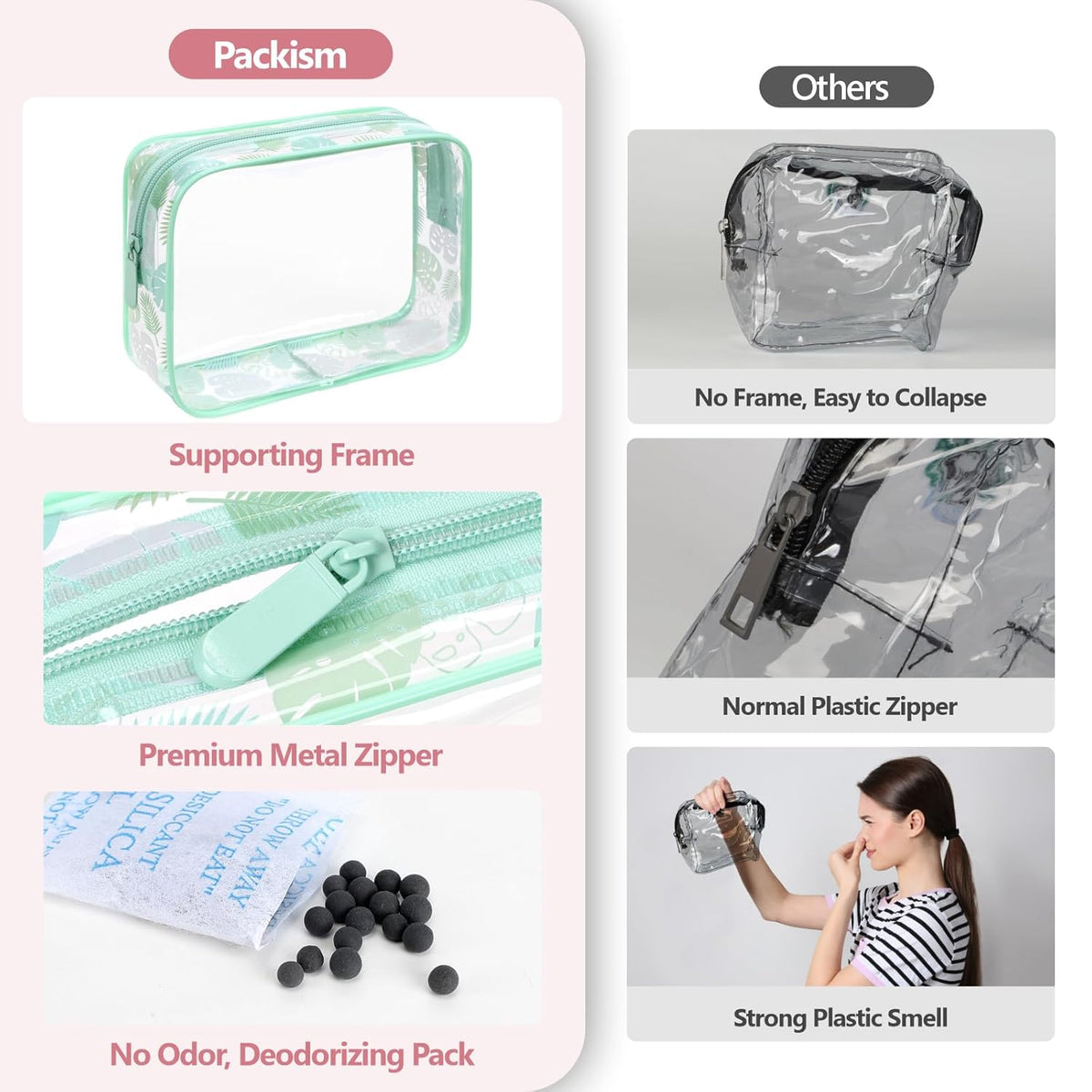TSA Approved Toiletry Bag - Clear Makeup Bag for Travel, Rose Pink | 3 Pack Quart-Size, Metal Smooth Zipper, Clear Easy-Check, for 3-1-1 Liquids, Toiletry Bag for Airport Lines, Women, Men