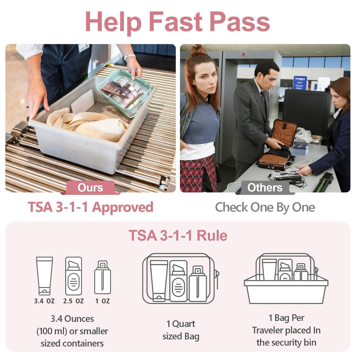 TSA Approved Toiletry Bag - Clear Makeup Bag for Travel, Rose Pink | 3 Pack Quart-Size, Metal Smooth Zipper, Clear Easy-Check, for 3-1-1 Liquids, Toiletry Bag for Airport Lines, Women, Men