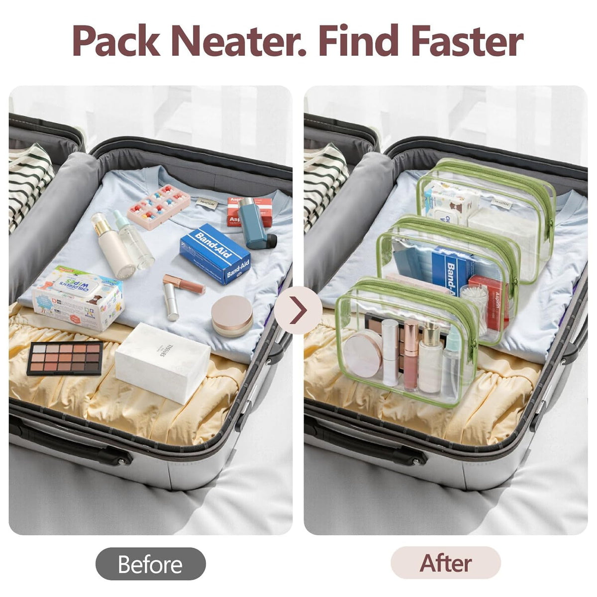 TSA Approved Toiletry Bag - Clear Makeup Bag for Travel, Rose Pink | 3 Pack Quart-Size, Metal Smooth Zipper, Clear Easy-Check, for 3-1-1 Liquids, Toiletry Bag for Airport Lines, Women, Men