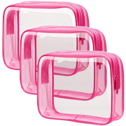 TSA Approved Toiletry Bag - Clear Makeup Bag for Travel, Rose Pink | 3 Pack Quart-Size, Metal Smooth Zipper, Clear Easy-Check, for 3-1-1 Liquids, Toiletry Bag for Airport Lines, Women, Men