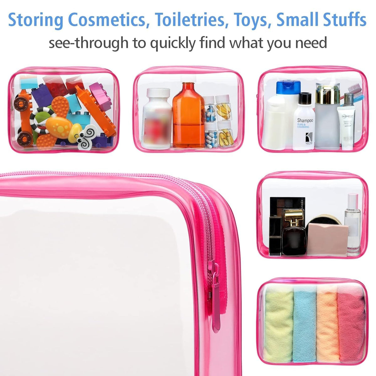 TSA Approved Toiletry Bag - Clear Makeup Bag for Travel, Rose Pink | 3 Pack Quart-Size, Metal Smooth Zipper, Clear Easy-Check, for 3-1-1 Liquids, Toiletry Bag for Airport Lines, Women, Men