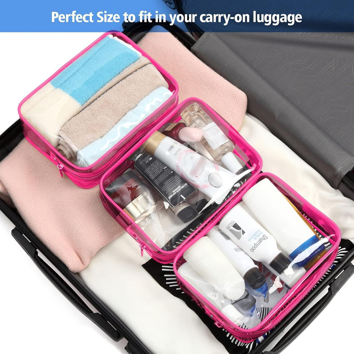 TSA Approved Toiletry Bag - Clear Makeup Bag for Travel, Rose Pink | 3 Pack Quart-Size, Metal Smooth Zipper, Clear Easy-Check, for 3-1-1 Liquids, Toiletry Bag for Airport Lines, Women, Men