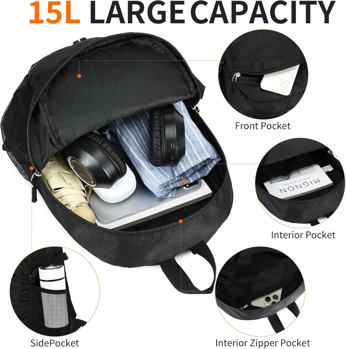 Small Hiking Backpack Travel Lightweight Hiking Packable Daypack Water-Resistant Foldable Backpacks 15L for Travel Women Men Camping (Grey)