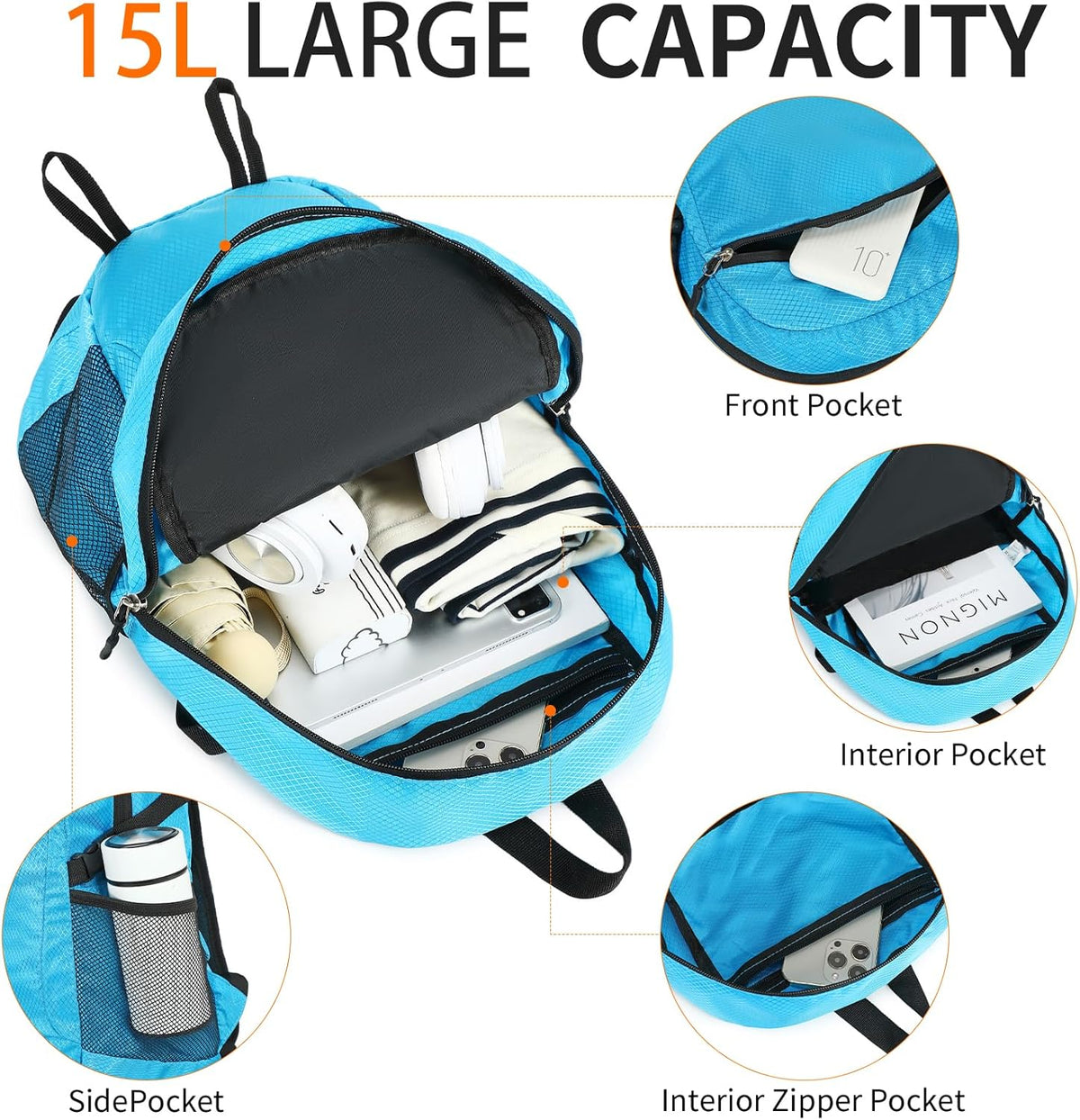 Small Hiking Backpack Travel Lightweight Hiking Packable Daypack Water-Resistant Foldable Backpacks 15L for Travel Women Men Camping (Grey)