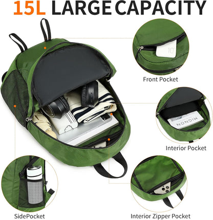 Small Hiking Backpack Travel Lightweight Hiking Packable Daypack Water-Resistant Foldable Backpacks 15L for Travel Women Men Camping (Grey)