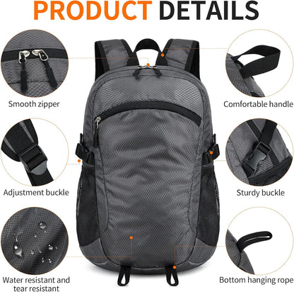 Small Hiking Backpack Travel Lightweight Hiking Packable Daypack Water-Resistant Foldable Backpacks 15L for Travel Women Men Camping (Grey)