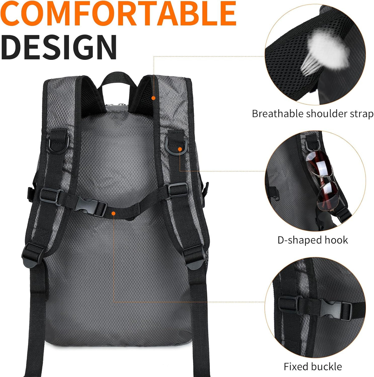 Small Hiking Backpack Travel Lightweight Hiking Packable Daypack Water-Resistant Foldable Backpacks 15L for Travel Women Men Camping (Grey)