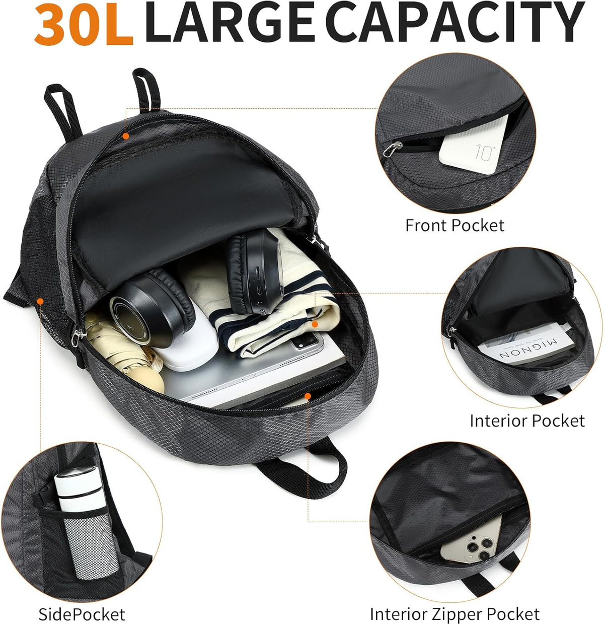 Small Hiking Backpack Travel Lightweight Hiking Packable Daypack Water-Resistant Foldable Backpacks 15L for Travel Women Men Camping (Grey)