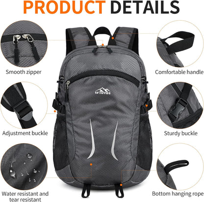 Small Hiking Backpack Travel Lightweight Hiking Packable Daypack Water-Resistant Foldable Backpacks 15L for Travel Women Men Camping (Grey)