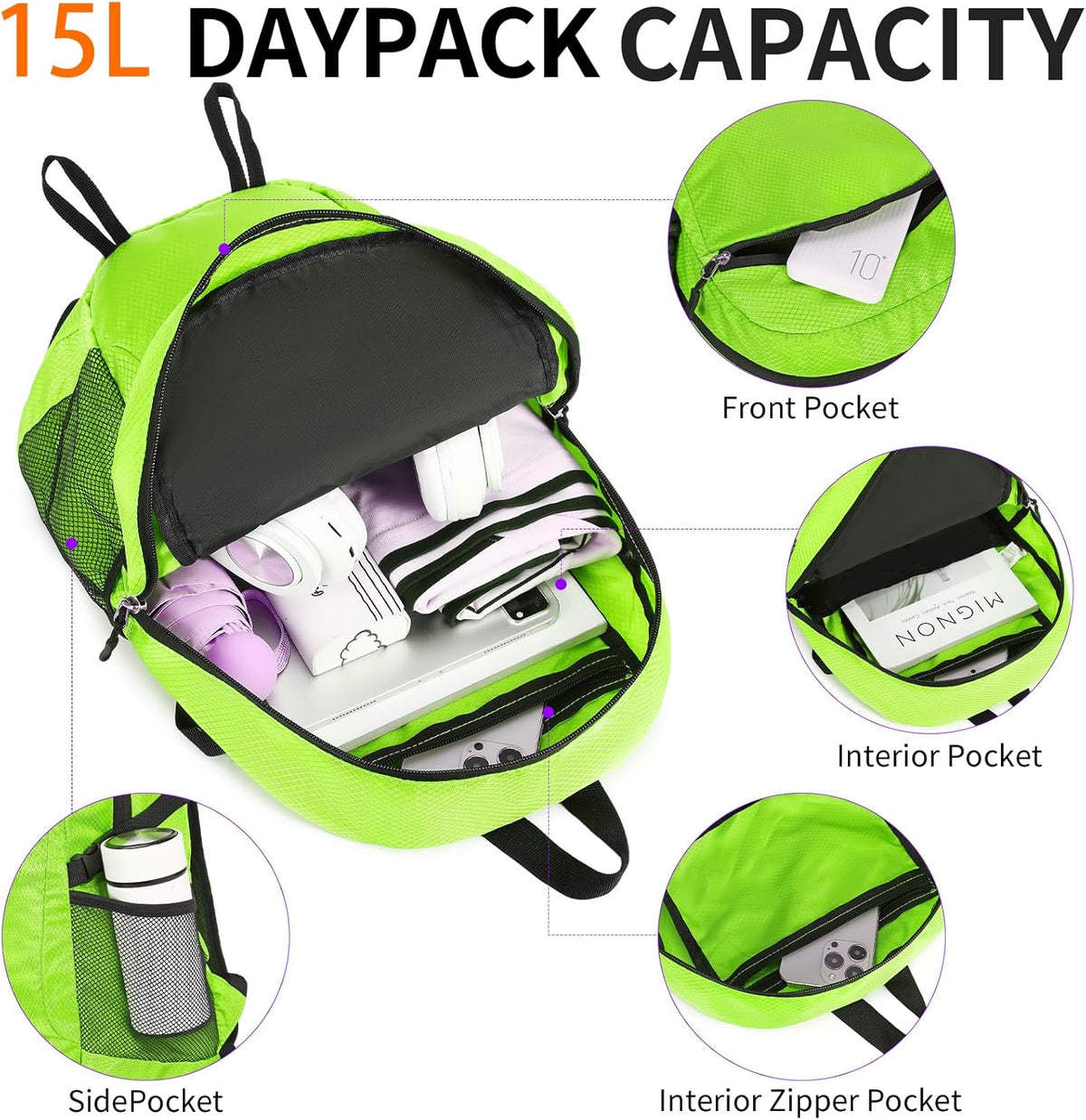 Small Hiking Backpack Travel Lightweight Hiking Packable Daypack Water-Resistant Foldable Backpacks 15L for Travel Women Men Camping (Grey)