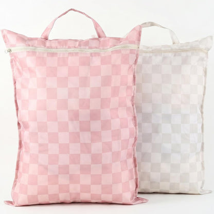 Stylish Wet Dry Bags For Suimsuits Set of 2 - Large Waterproof Travel Laundry Bags Keep Wet & Dry Clothes Fully Separated - Cute Checkered Design with Zipper & Handle, Great for Pool, Beach & Camping