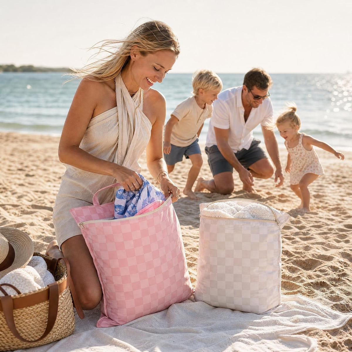 Stylish Wet Dry Bags For Suimsuits Set of 2 - Large Waterproof Travel Laundry Bags Keep Wet & Dry Clothes Fully Separated - Cute Checkered Design with Zipper & Handle, Great for Pool, Beach & Camping