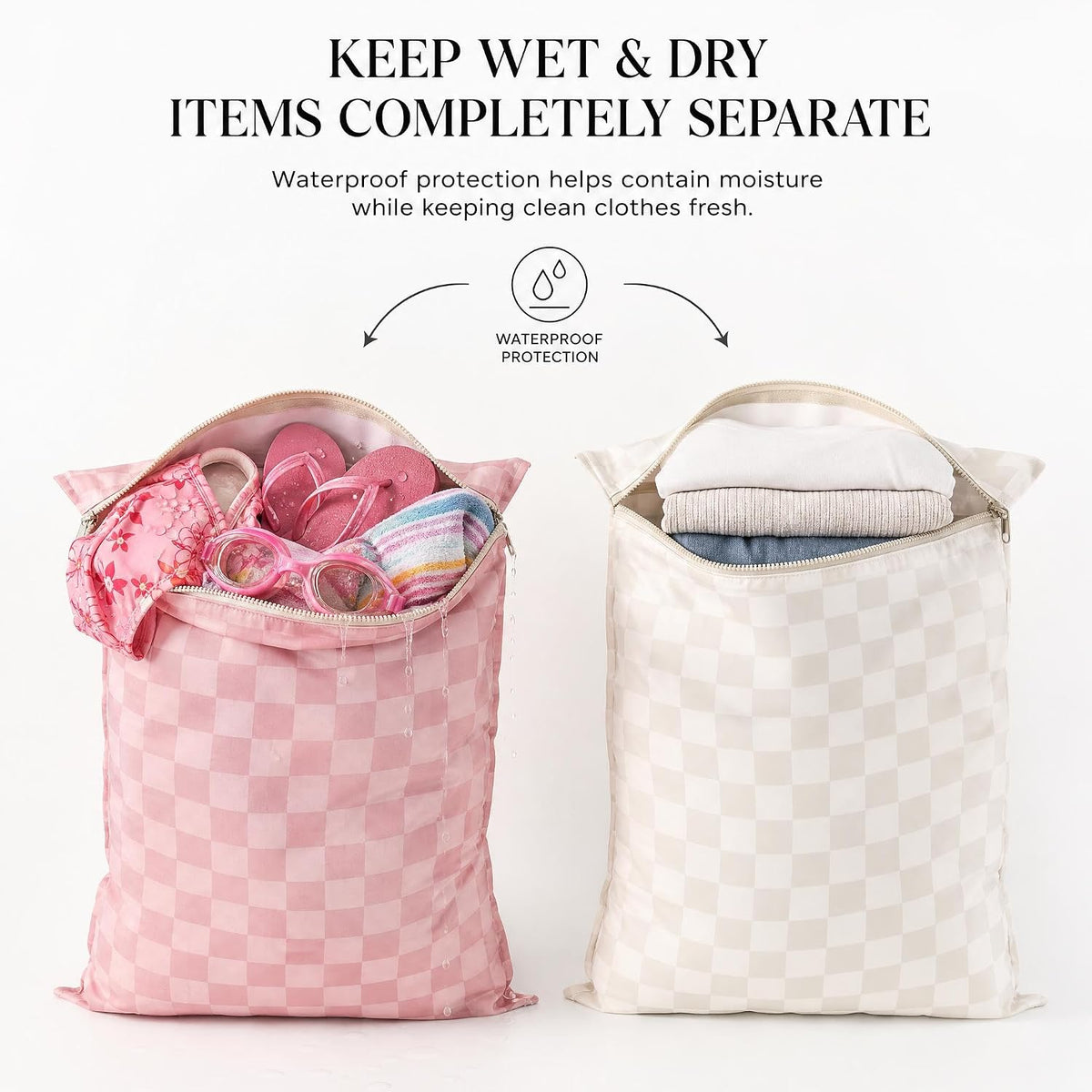 Stylish Wet Dry Bags For Suimsuits Set of 2 - Large Waterproof Travel Laundry Bags Keep Wet & Dry Clothes Fully Separated - Cute Checkered Design with Zipper & Handle, Great for Pool, Beach & Camping