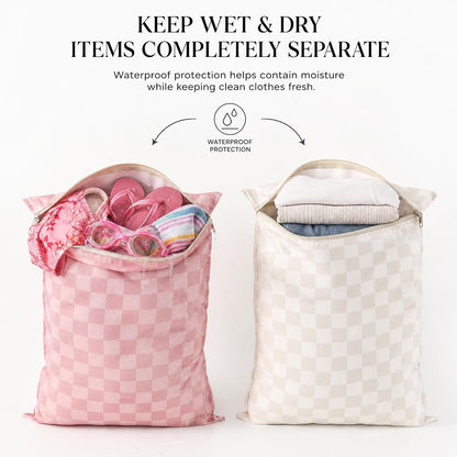 Stylish Wet Dry Bags For Suimsuits Set of 2 - Large Waterproof Travel Laundry Bags Keep Wet & Dry Clothes Fully Separated - Cute Checkered Design with Zipper & Handle, Great for Pool, Beach & Camping