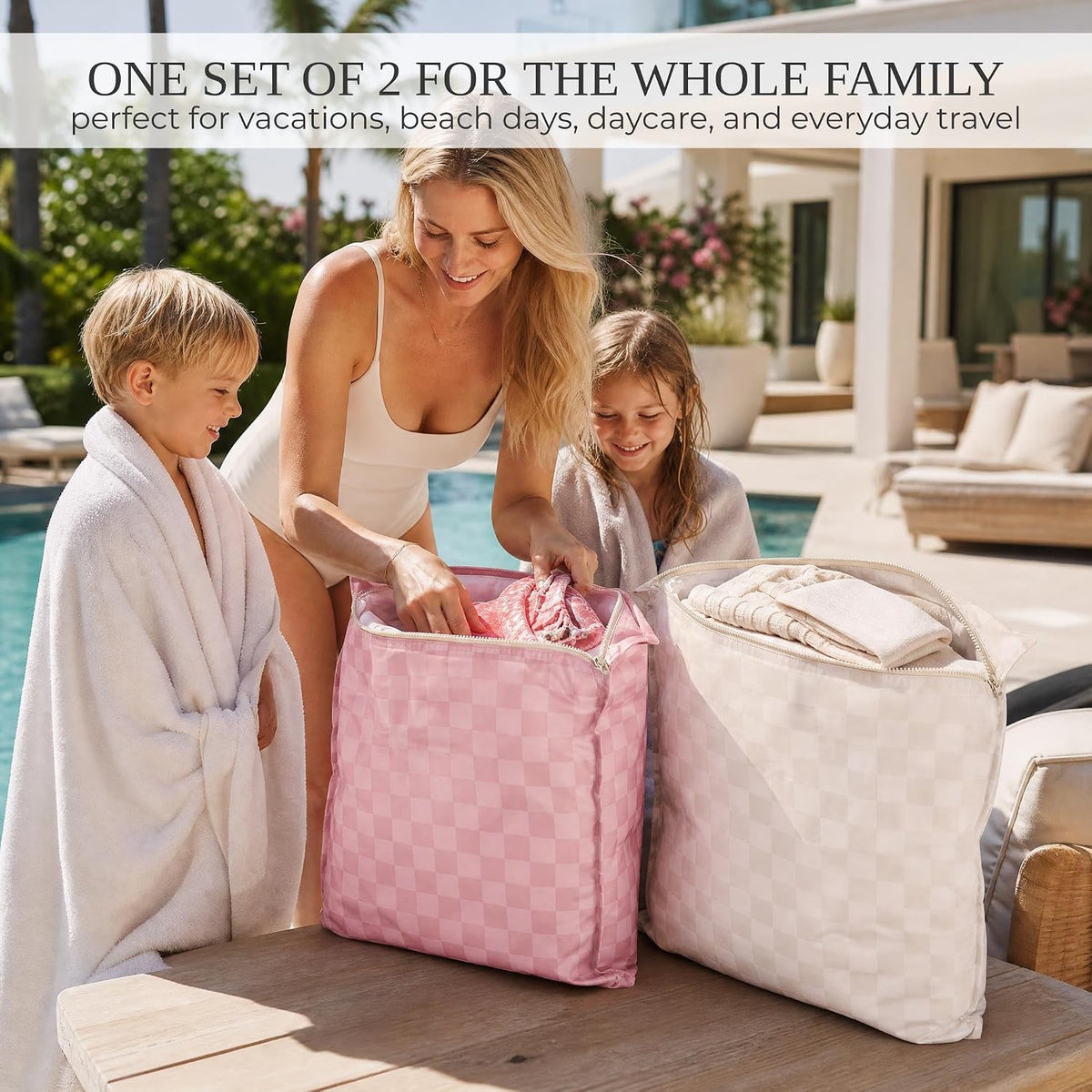Stylish Wet Dry Bags For Suimsuits Set of 2 - Large Waterproof Travel Laundry Bags Keep Wet & Dry Clothes Fully Separated - Cute Checkered Design with Zipper & Handle, Great for Pool, Beach & Camping