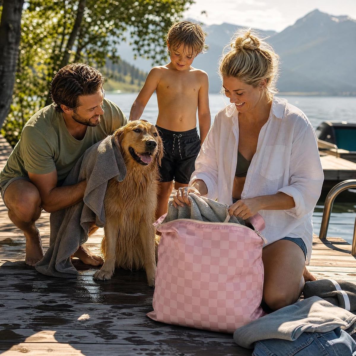 Stylish Wet Dry Bags For Suimsuits Set of 2 - Large Waterproof Travel Laundry Bags Keep Wet & Dry Clothes Fully Separated - Cute Checkered Design with Zipper & Handle, Great for Pool, Beach & Camping