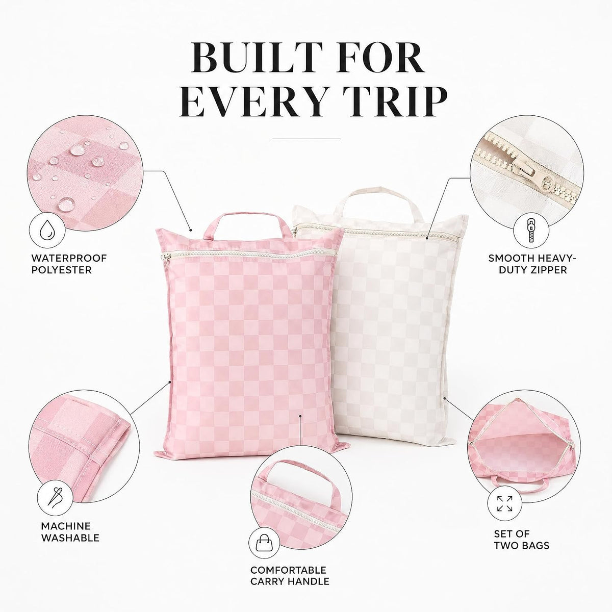Stylish Wet Dry Bags For Suimsuits Set of 2 - Large Waterproof Travel Laundry Bags Keep Wet & Dry Clothes Fully Separated - Cute Checkered Design with Zipper & Handle, Great for Pool, Beach & Camping
