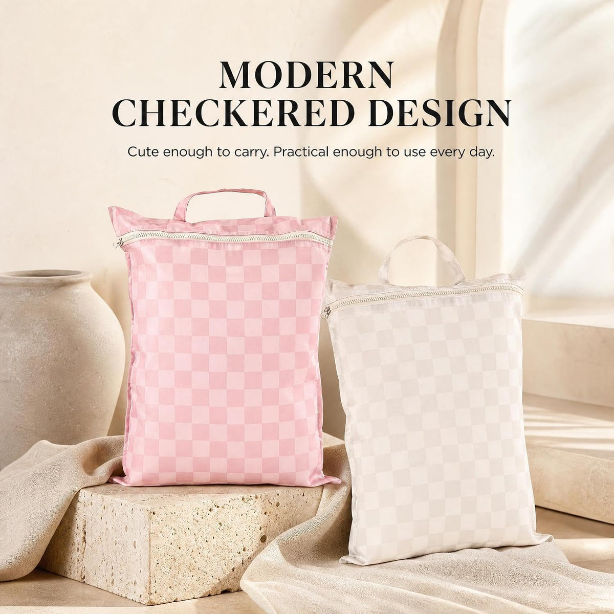 Stylish Wet Dry Bags For Suimsuits Set of 2 - Large Waterproof Travel Laundry Bags Keep Wet & Dry Clothes Fully Separated - Cute Checkered Design with Zipper & Handle, Great for Pool, Beach & Camping