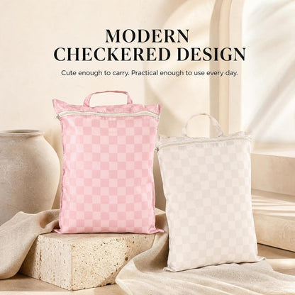 Stylish Wet Dry Bags For Suimsuits Set of 2 - Large Waterproof Travel Laundry Bags Keep Wet & Dry Clothes Fully Separated - Cute Checkered Design with Zipper & Handle, Great for Pool, Beach & Camping
