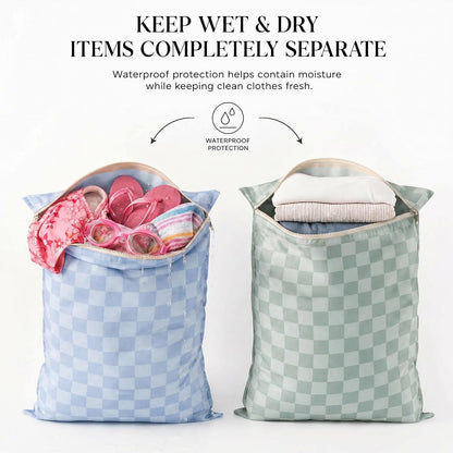 Stylish Wet Dry Bags For Suimsuits Set of 2 - Large Waterproof Travel Laundry Bags Keep Wet & Dry Clothes Fully Separated - Cute Checkered Design with Zipper & Handle, Great for Pool, Beach & Camping
