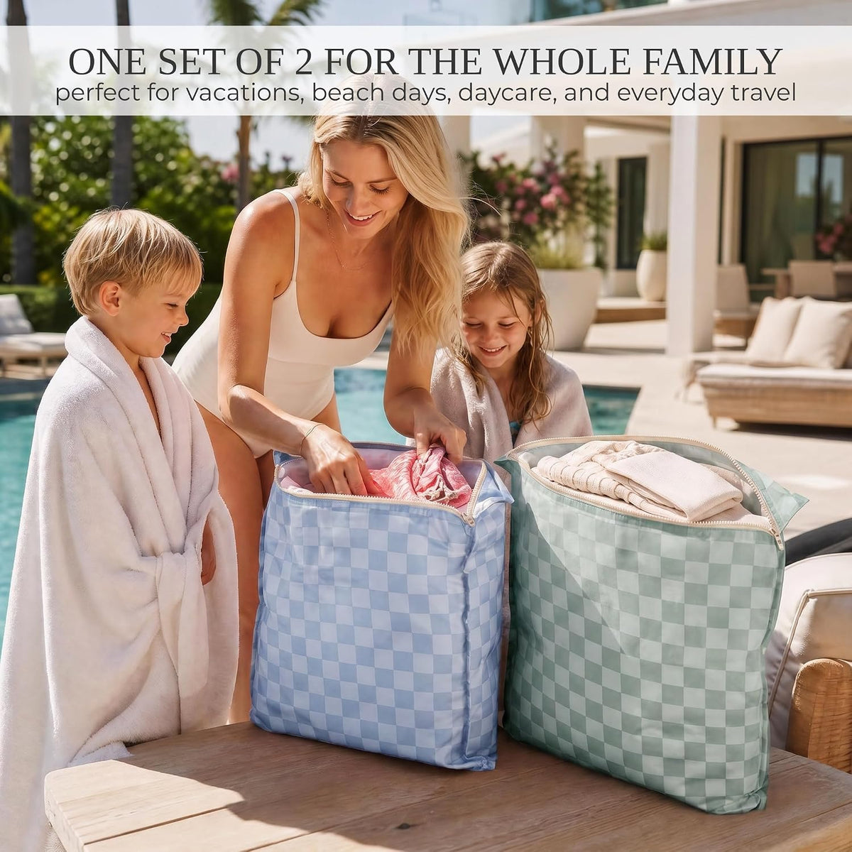 Stylish Wet Dry Bags For Suimsuits Set of 2 - Large Waterproof Travel Laundry Bags Keep Wet & Dry Clothes Fully Separated - Cute Checkered Design with Zipper & Handle, Great for Pool, Beach & Camping