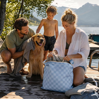 Stylish Wet Dry Bags For Suimsuits Set of 2 - Large Waterproof Travel Laundry Bags Keep Wet & Dry Clothes Fully Separated - Cute Checkered Design with Zipper & Handle, Great for Pool, Beach & Camping