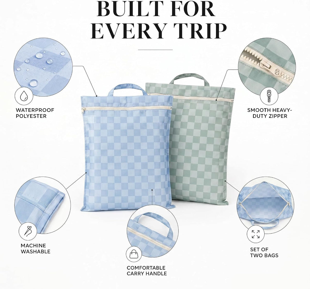 Stylish Wet Dry Bags For Suimsuits Set of 2 - Large Waterproof Travel Laundry Bags Keep Wet & Dry Clothes Fully Separated - Cute Checkered Design with Zipper & Handle, Great for Pool, Beach & Camping
