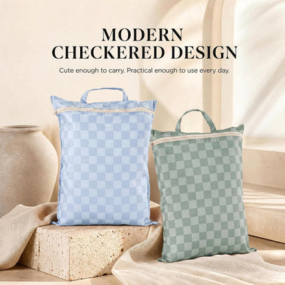Stylish Wet Dry Bags For Suimsuits Set of 2 - Large Waterproof Travel Laundry Bags Keep Wet & Dry Clothes Fully Separated - Cute Checkered Design with Zipper & Handle, Great for Pool, Beach & Camping
