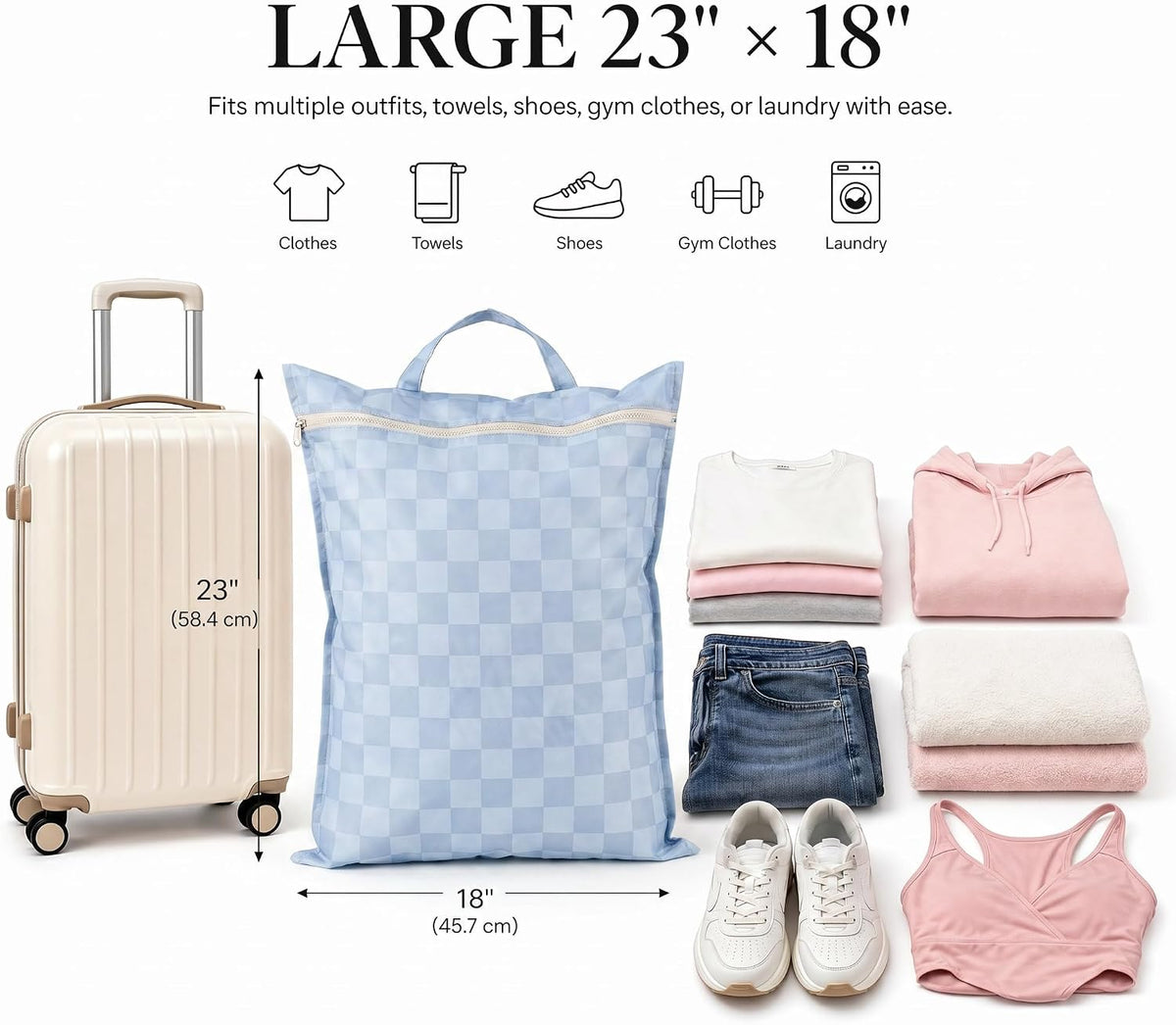Stylish Wet Dry Bags For Suimsuits Set of 2 - Large Waterproof Travel Laundry Bags Keep Wet & Dry Clothes Fully Separated - Cute Checkered Design with Zipper & Handle, Great for Pool, Beach & Camping
