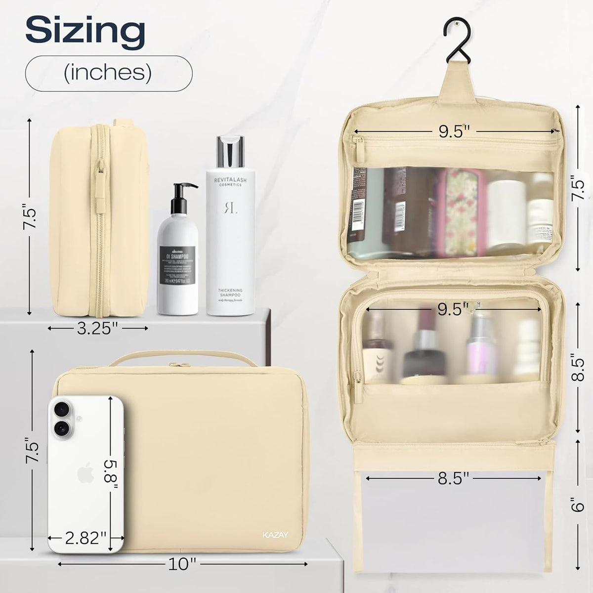Compact Hanging Toiletry Bag with TSA Approved Detachable Pouch, Compact Travel Size, Travel Toiletry Bag, Water Resistant, Premium Nylon, Travel Size Toiletries, Cosmetic Makeup Bag (Light Blue)